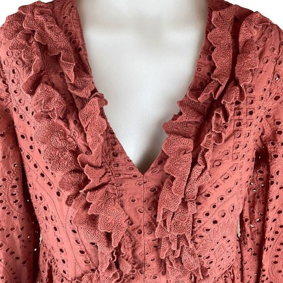 Express Blouse Womens Small Long Sleeve Ruffle V Neck Peplum Eyelet Top Pink - Picture 2 of 13